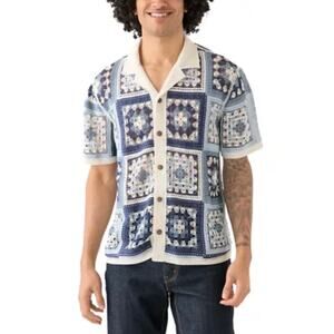 NWT Men's Morse Code Short Sleeve Notch Collar
Crochet Shirt in Navy